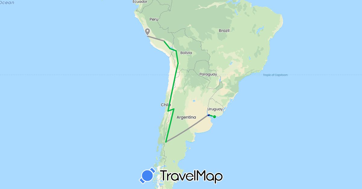 TravelMap itinerary: driving, bus, plane in Argentina, Bolivia, Chile, Peru, Uruguay (South America)